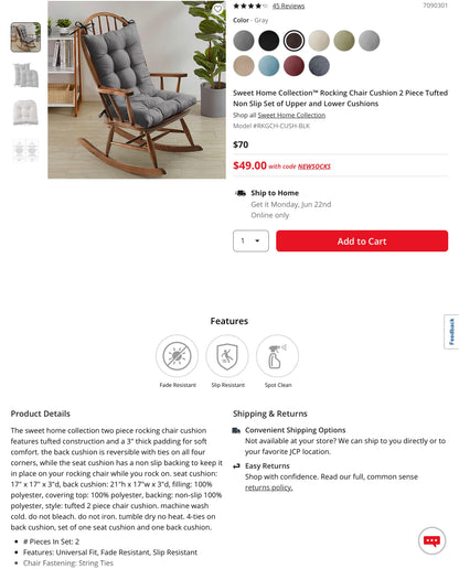 Sweet Home Collection™ Rocking Chair Cushion 2 Piece Tufted Non Slip Set of Upper and Lower Cushions