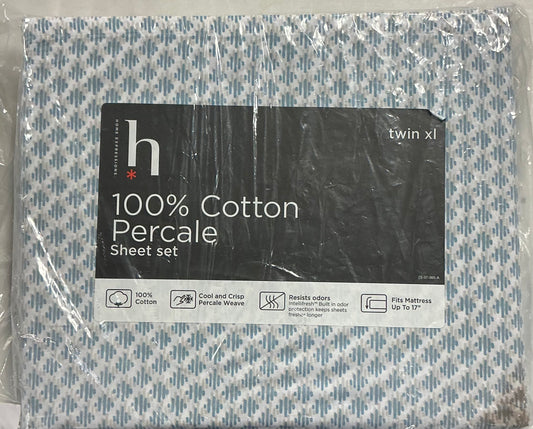 Home Expressions Cool and Crisp Cotton Percale Sheet Set 3 Pieces Twin XL-Included(1 Fitted Sheet,1 Pillowcase,1 Flat-Sheet)-Color( Puritan Blue Print)