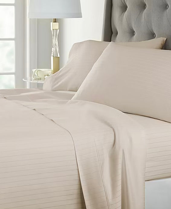 600TC Cotton Sateen Dobby Stripe Wrinkle Free 4 piece full sheet set-Color(Cobblestone)