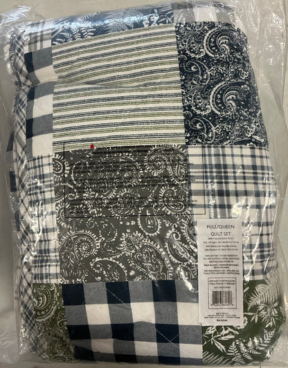 Eddie Bauer Cozy Plaid Patchwork Cotton Quilt Set 3 pieces Full/Queen-Color( Blue/Green)