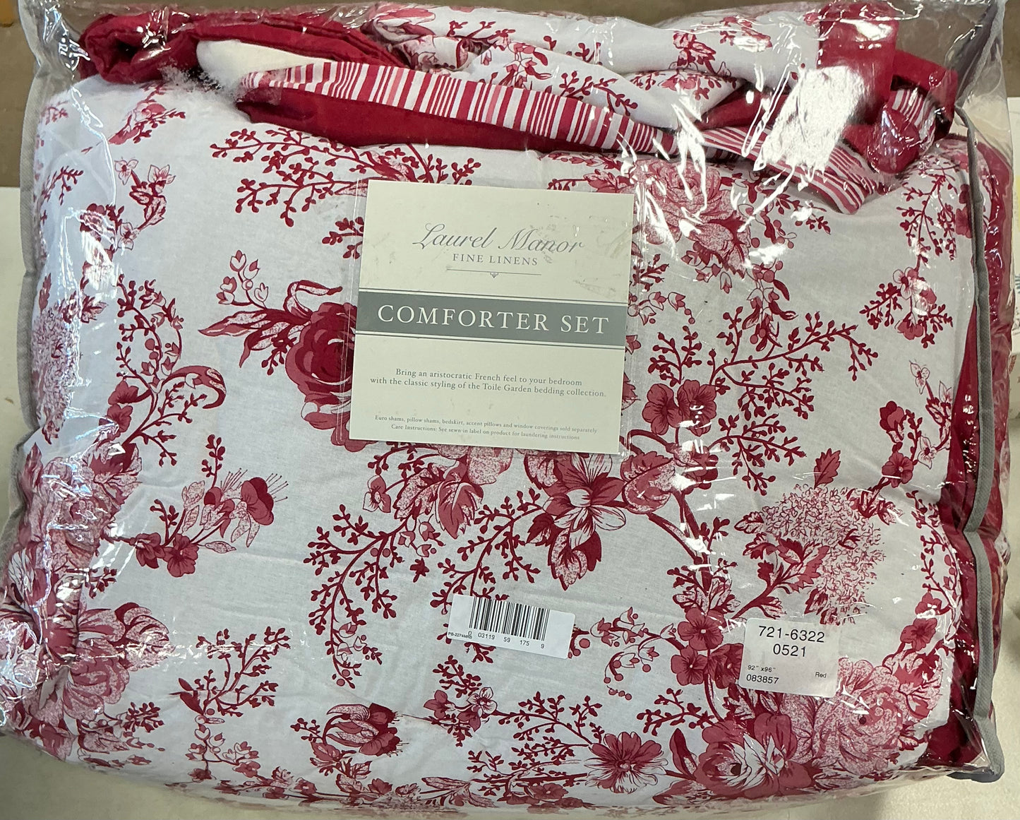 Laurel Manor Toile Garden Comforter Set 4 Pieces Queen-Includes(1 comforter, 1 Bed skirt, 2 Shams)-Red