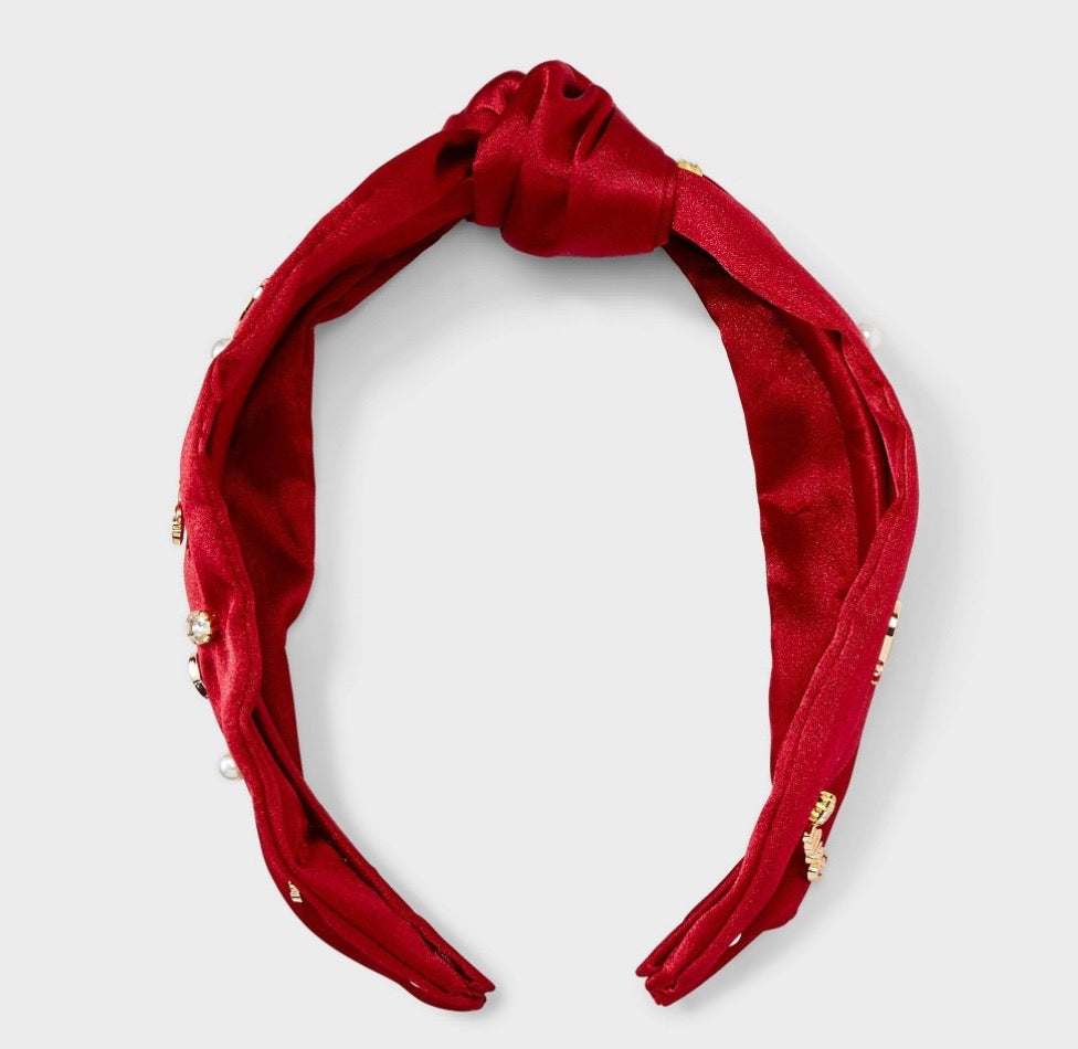 Red satin headband with heart charms and faux pearls