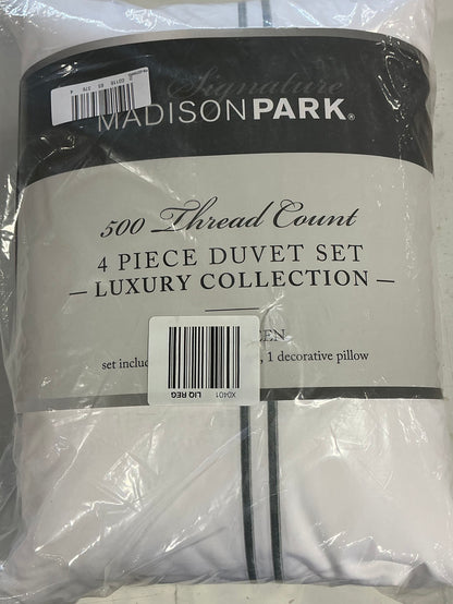 Madison Park Signature 500tc Cotton 4 Pieces Embroidered Duvet Cover Set Full/Queen-Color(White/Grey)