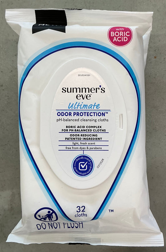 Summer's Eve Ultimate Odor Protection pH-balanced cleansing 32 cloths containing a boric acid complex.