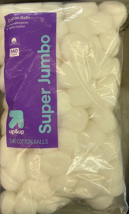 Up&Up brand Super Jumbo cotton balls containing 140 pieces per pack