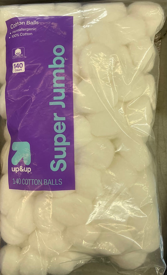 Up&Up brand Super Jumbo cotton balls containing 140 pieces per pack