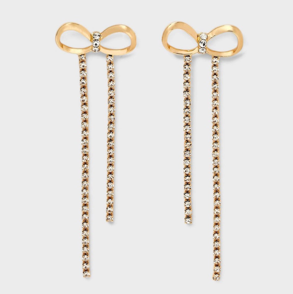 Gold-tone rhinestone bow dangle earrings