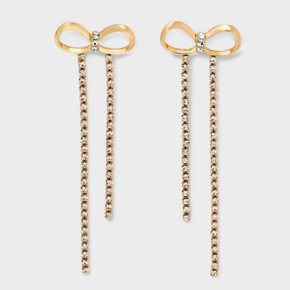 Gold-tone rhinestone bow dangle earrings