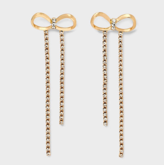 Gold-tone rhinestone bow dangle earrings