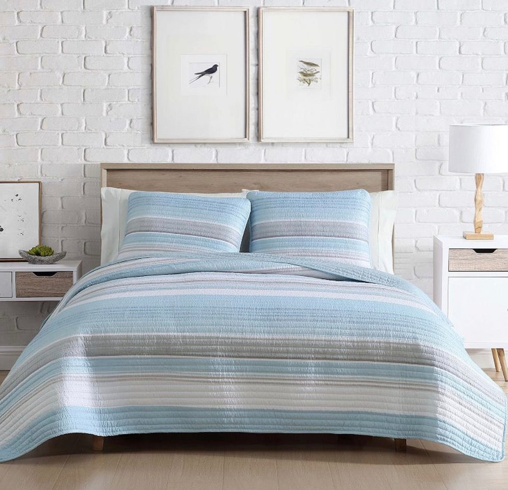 Beatrice Home Fashions Coralinn  2 Pieces Quilt Set Twin-Included( 1 Quilt and 1 Sham)-Blue/Gray