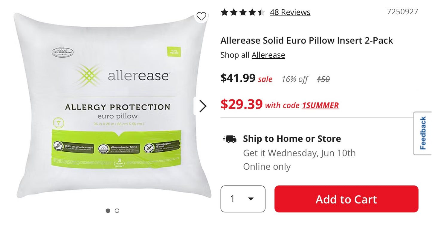 Allerease Solid Euro Pillow Insert 2 Pack 26”x26”-White