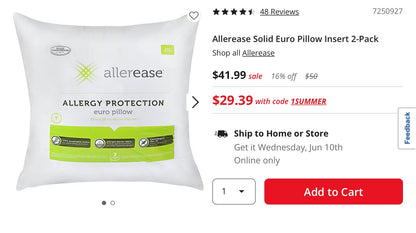 Allerease Solid Euro Pillow Insert 2 Pack 26”x26”-White