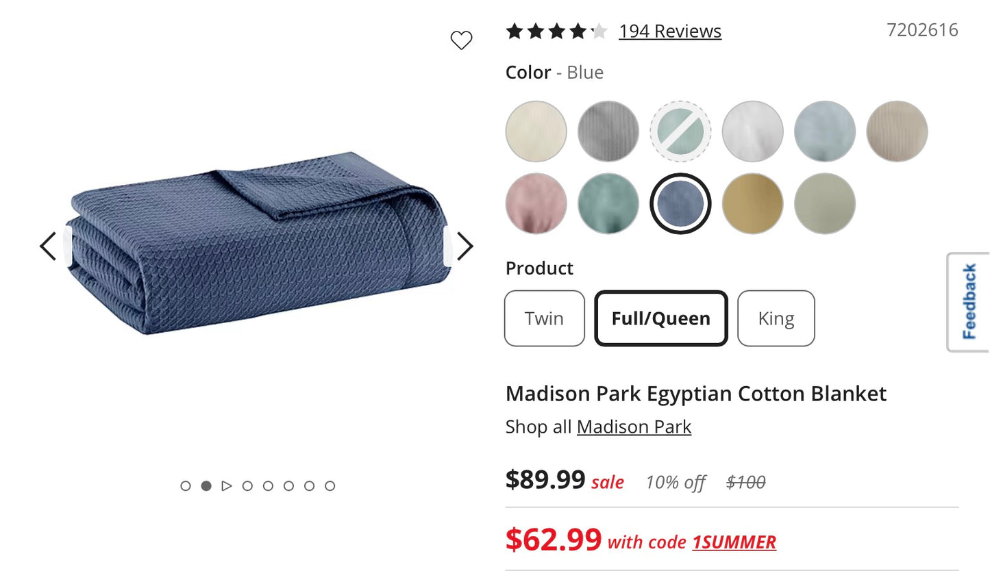 Madison Park Egyptian Cotton Blanket Full/Queen-Blue