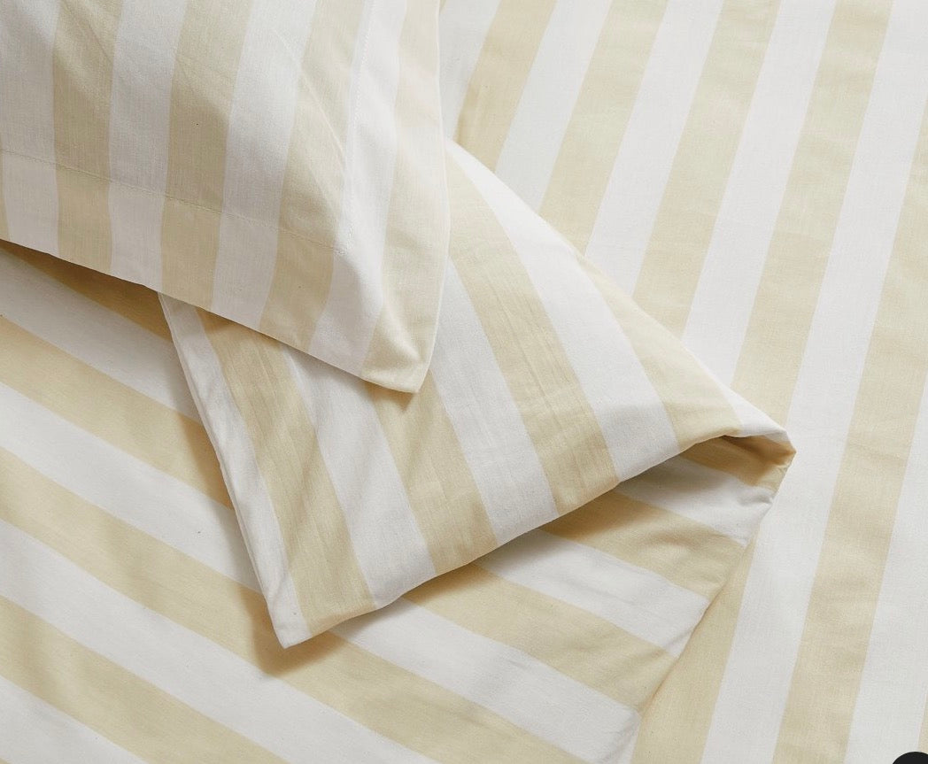 Brooklyn Loom Levi Stripe Comforter Set features wide vertical cabana stripes in ivory and white king