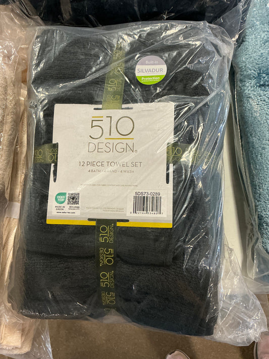 510 Design 100% Cotton 12-pc. Quick Dry Bath Towel Set - black