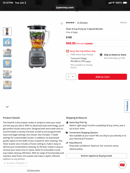 Oster 8-Cup Party Jar 3-Speed Blender - open box