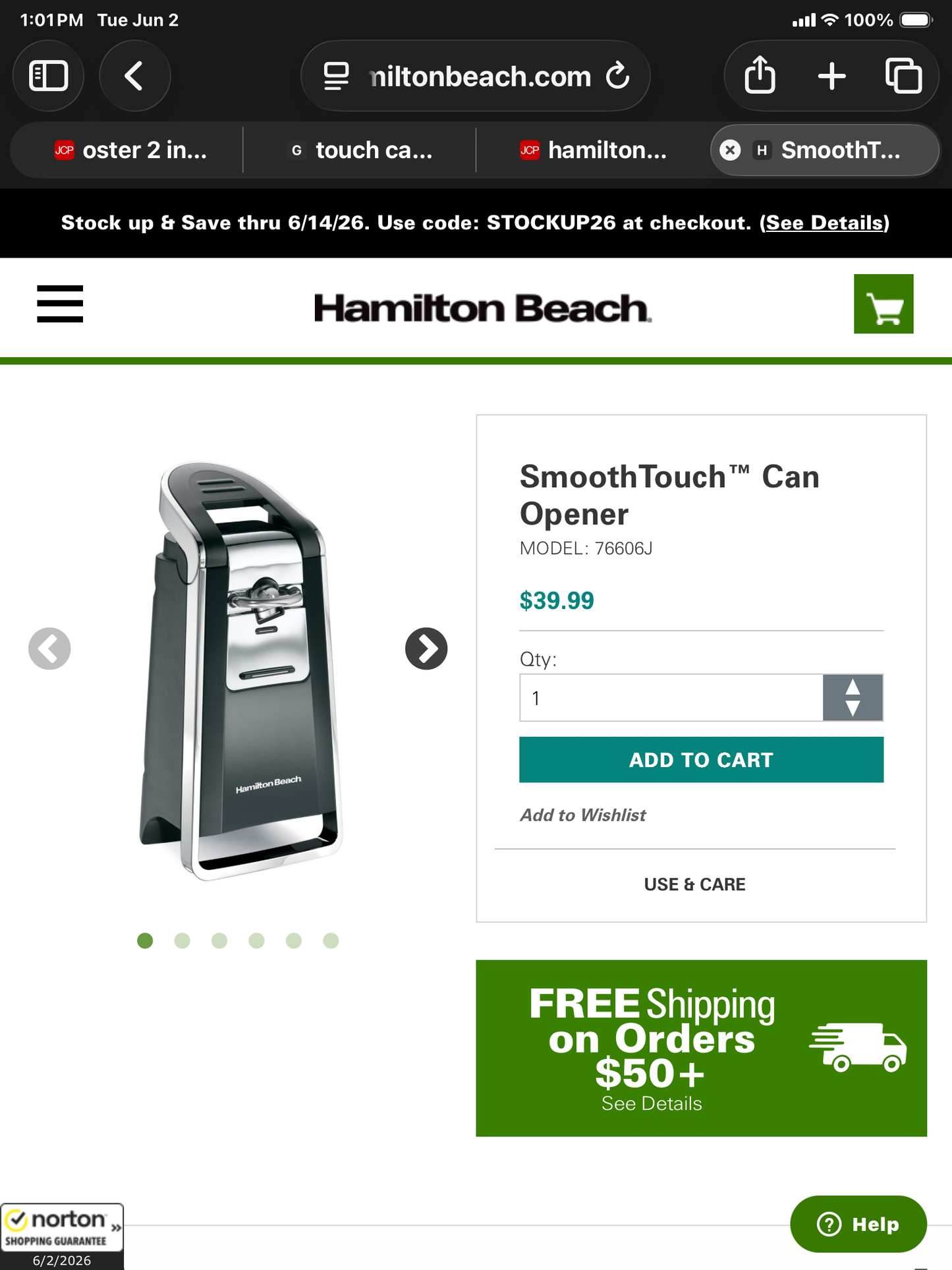 Hamilton beach smooth touch can opener - open box