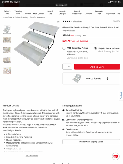 Gracious Dinning 4 piece, 3-Tiered Stoneware Serving Tray Set with Metal Stand - Open Box