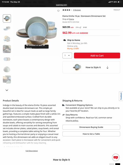 Elama Emilia 16-pc. Stoneware Dinnerware Set -Open Box