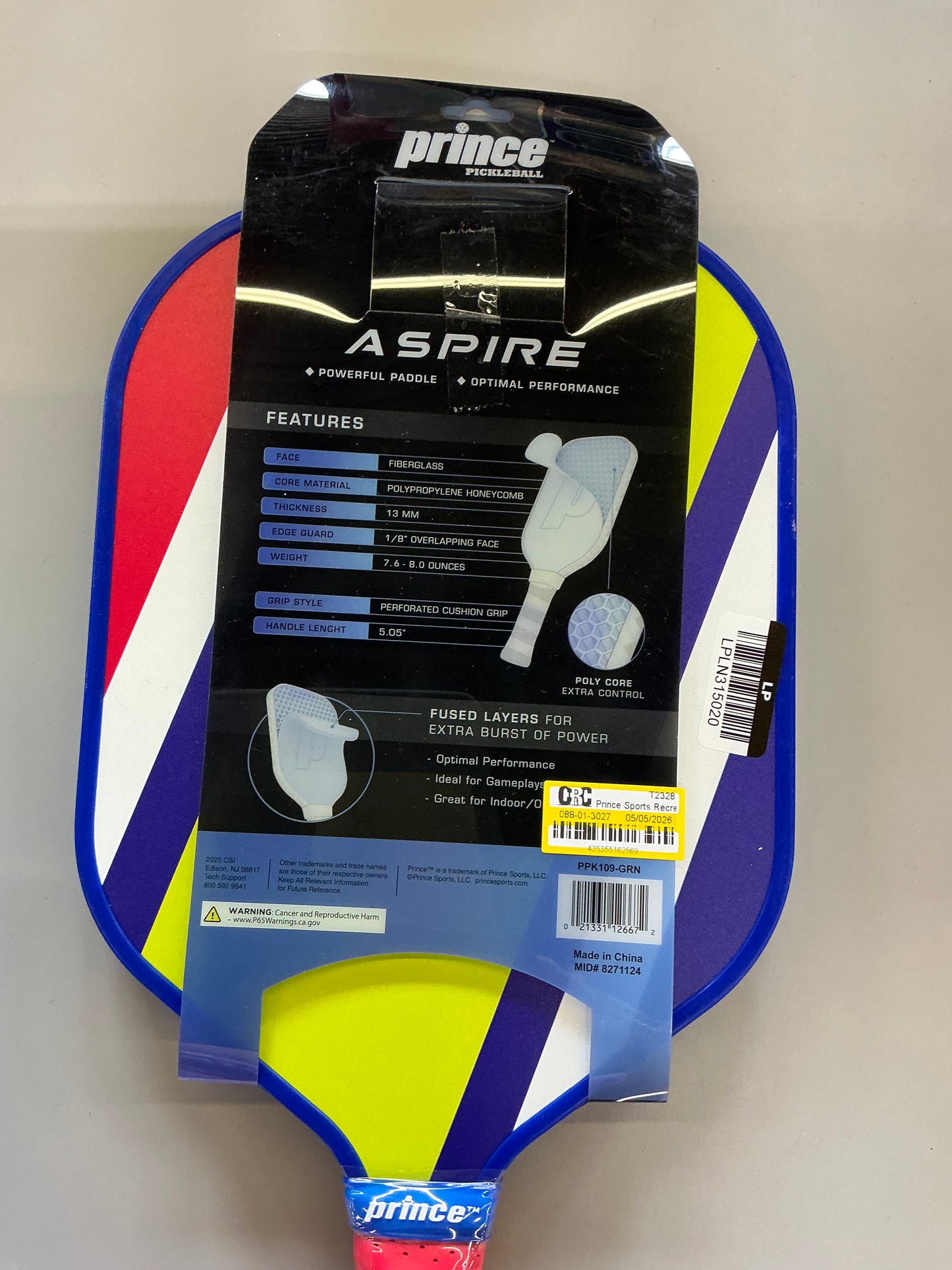 Prince Pickleball Aspire Paddle Retro Red/Green/Blue