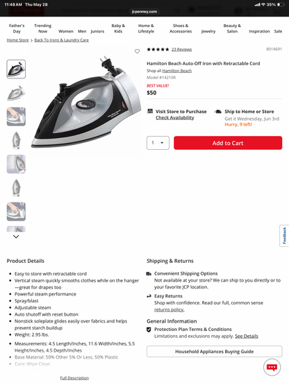 Hamilton Beach Auto-Off Iron with Retractable Cord - Open Box