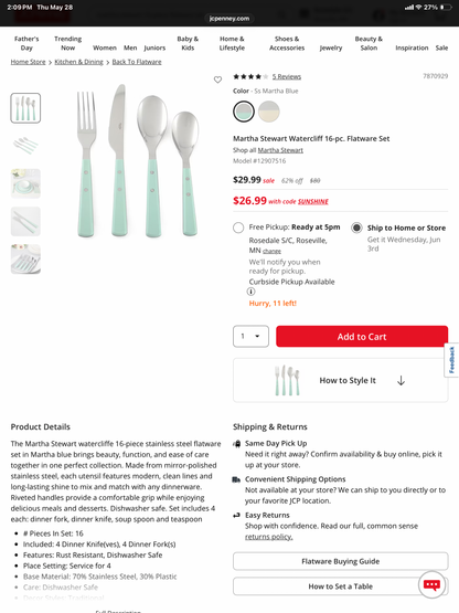Martha Stewart Watercliff 16-pc. Flatware Set - Open Box