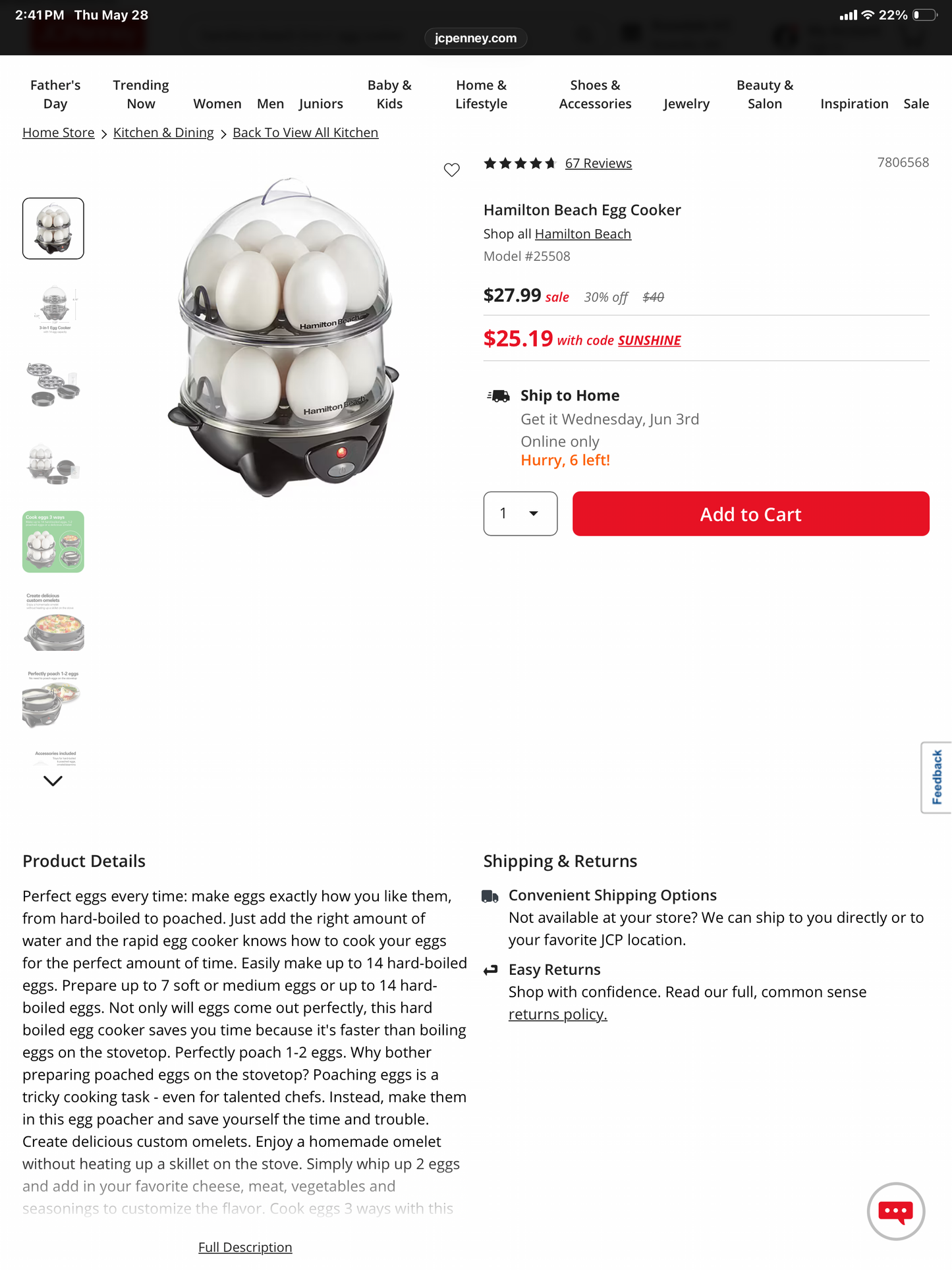 Hamilton Beach Egg Cooker - Open Box