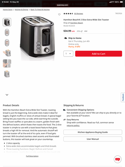 Hamilton Beach Extra-Wide-Slot 2 Slice Toaster - Open Box