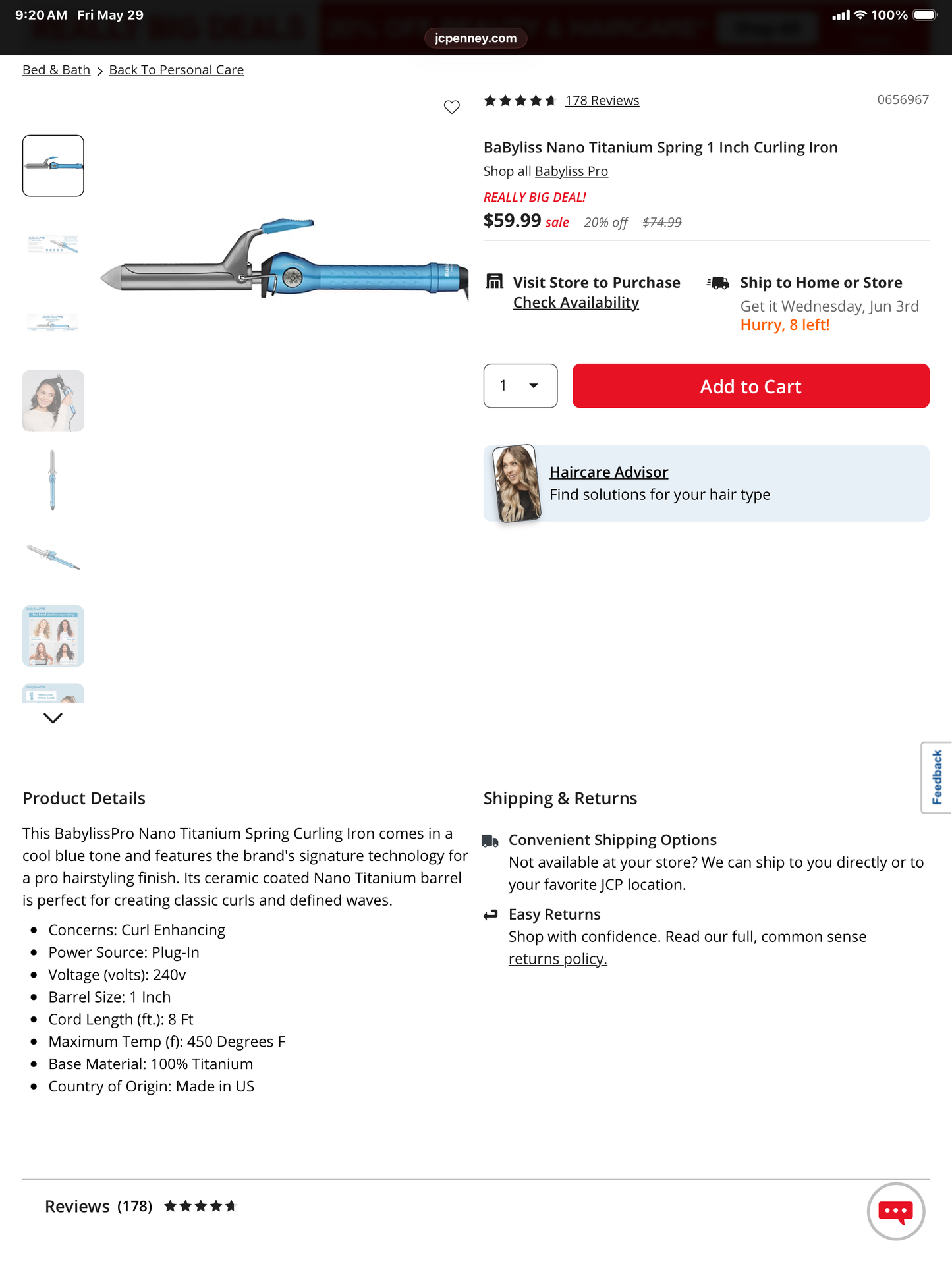 BaByliss Pro Nano Titanium - 1”/25mm barrel- Open Box