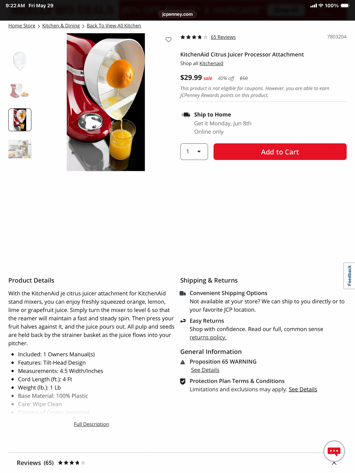 KitchenAid Citrus Juicer Processor Attachment - Open Box