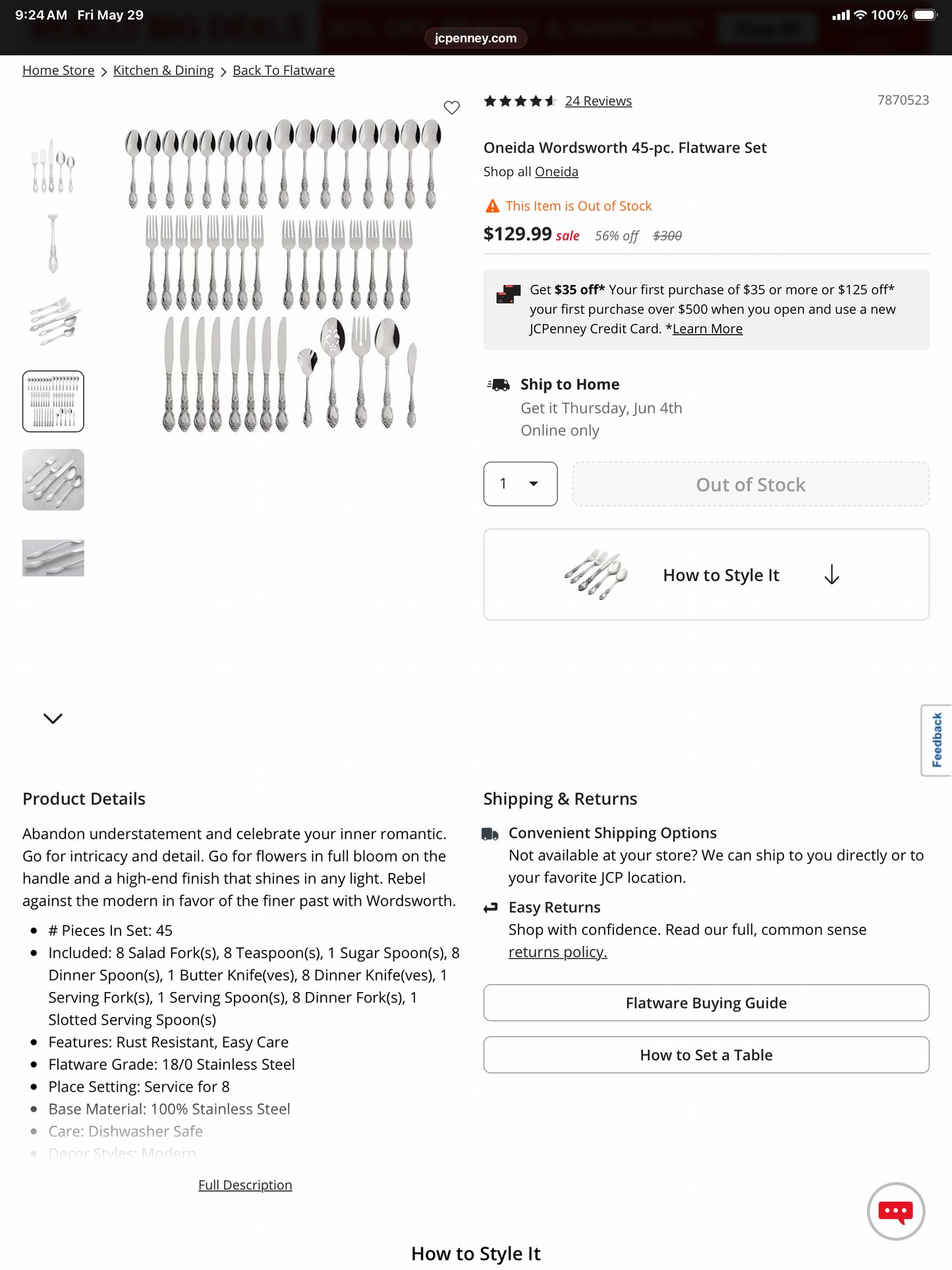 Oneida Flatware Set, 45 pieces- Open Box
