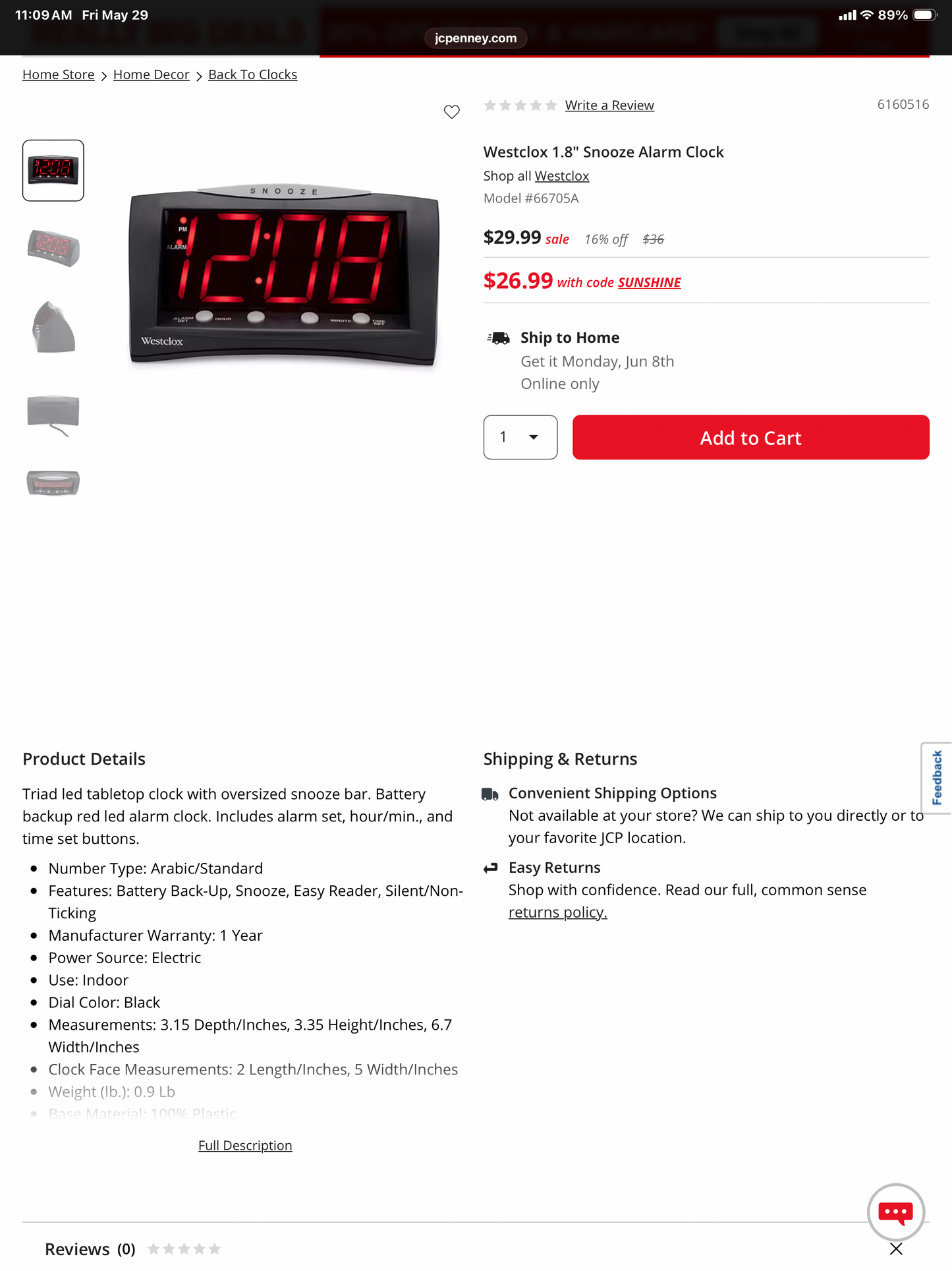 Westclox 1.8" Snooze Alarm Clock