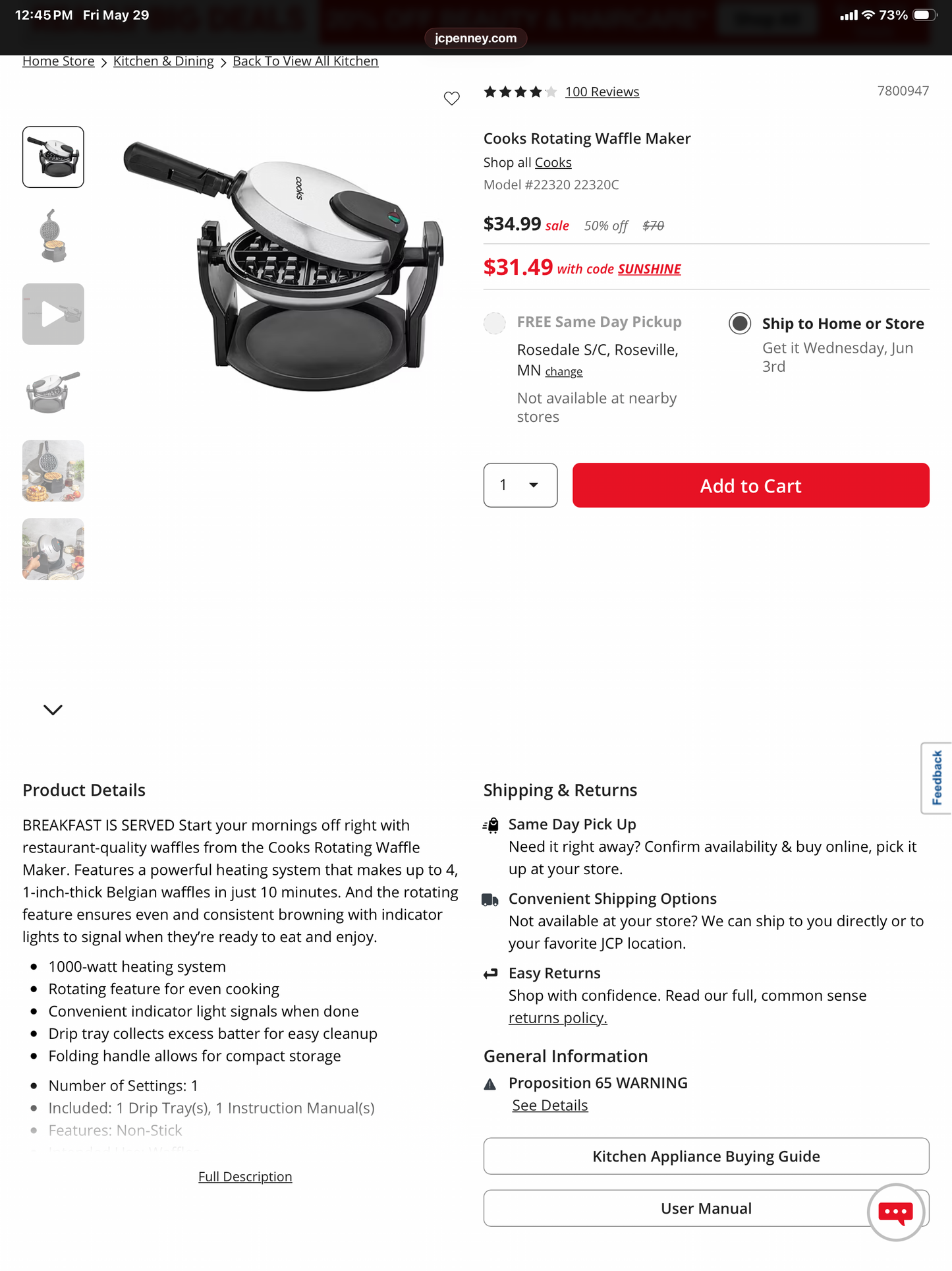 Cooks Rotating Waffle Maker - Open Box