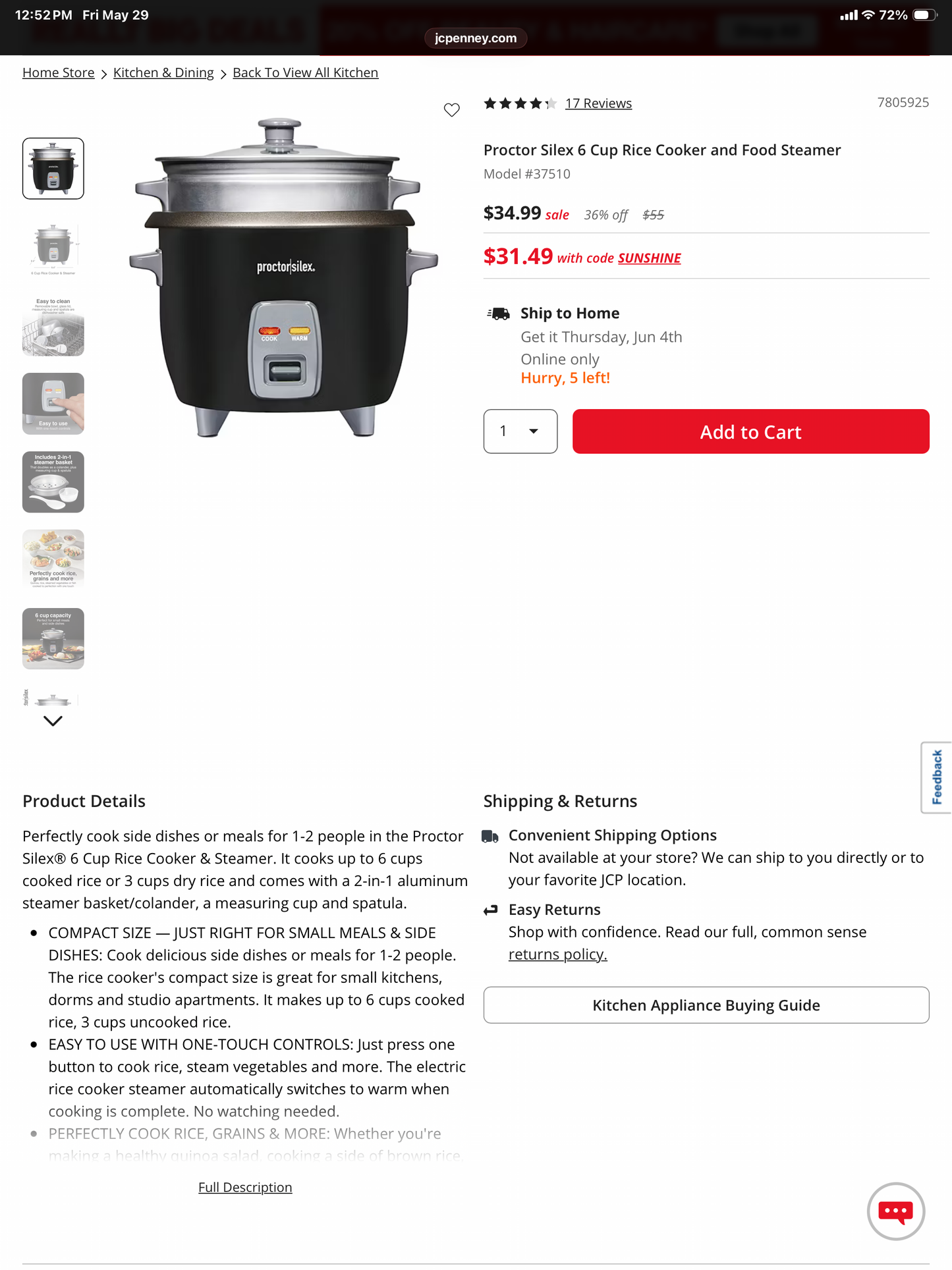 Proctor Silex 6 Cup Rice Cooker and Food Steamer- Open Box