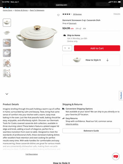 Denmark Stoneware 3-qt. Casserole Dish - Open Box