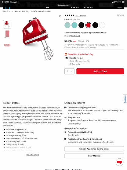 KitchenAid Ultra Power 5 Speed Hand Mixer - Open Box