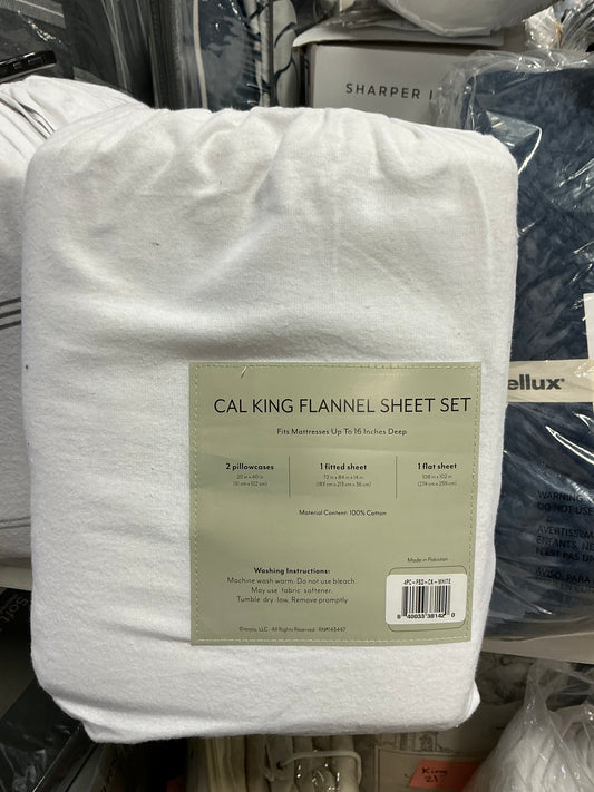 California King white flannel sheet set made of 100% cotton 4pcs