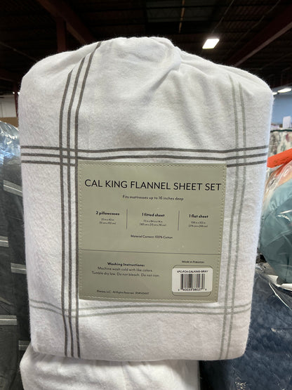 4-piece flannel sheet set for a California King bed in white with gray plaid checks