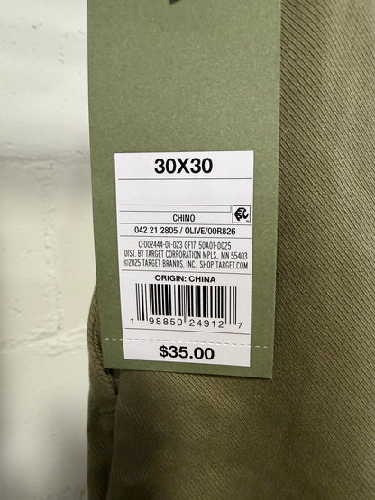 Men’s Chino Slim Fit Pants, Color Olive, Size 30 x 30