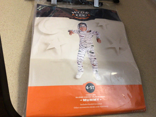 Kids Halloween costume- Mummy - Glows under Blacklight - Includes Hooded jumpsuit - Size 4-5T