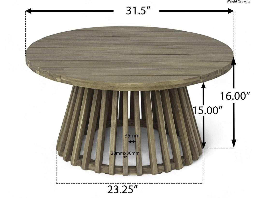 Rustic Outdoor Acacia Wood Round Coffee Table with Slatted Design PICKUP ONLY