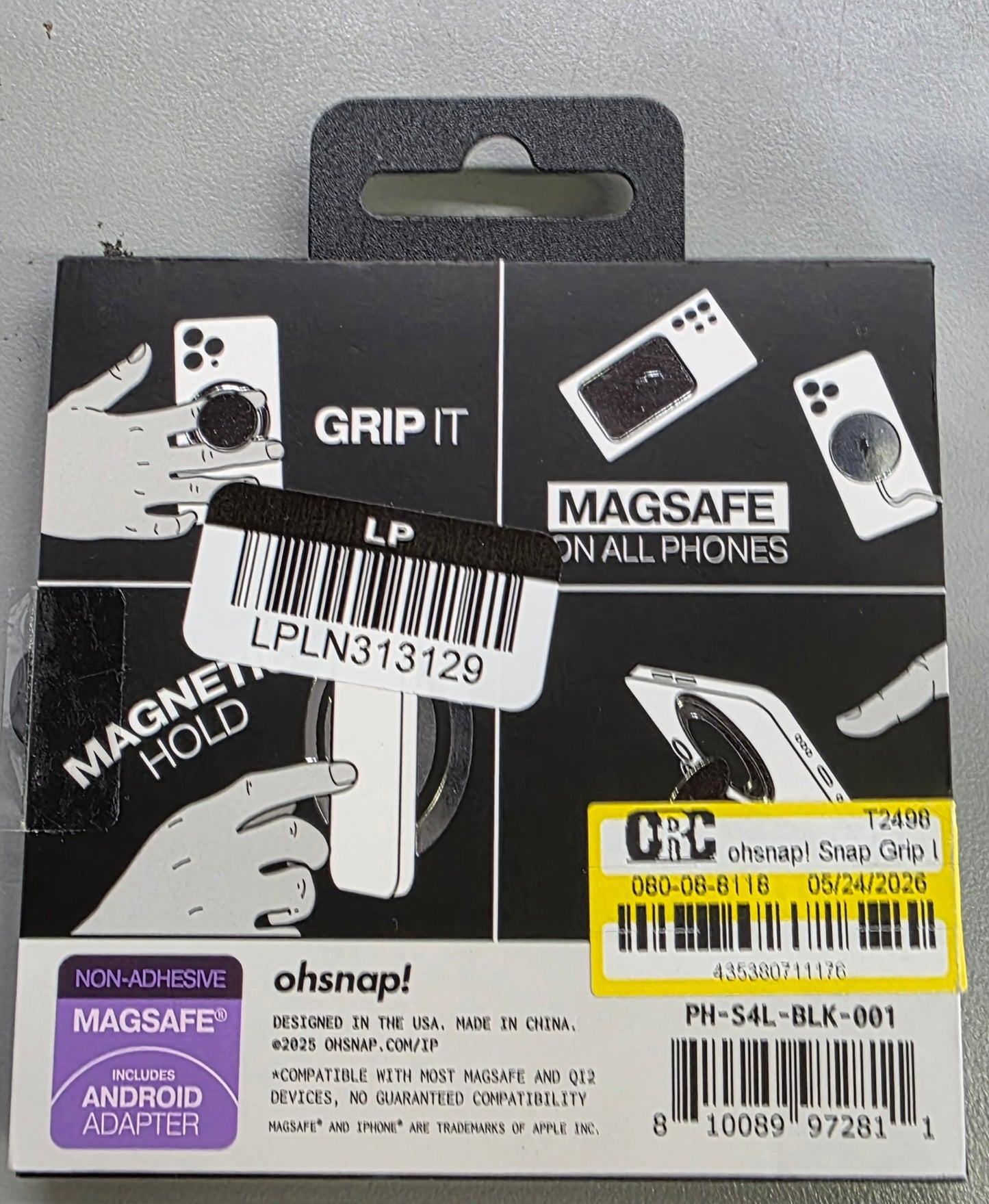 ohsnap! Snap Grip Luxe Magnetic Phone Grip - Ultra Thin, Fits Any Phone - Obsidian Black: Aluminum, MagSafe Compatible