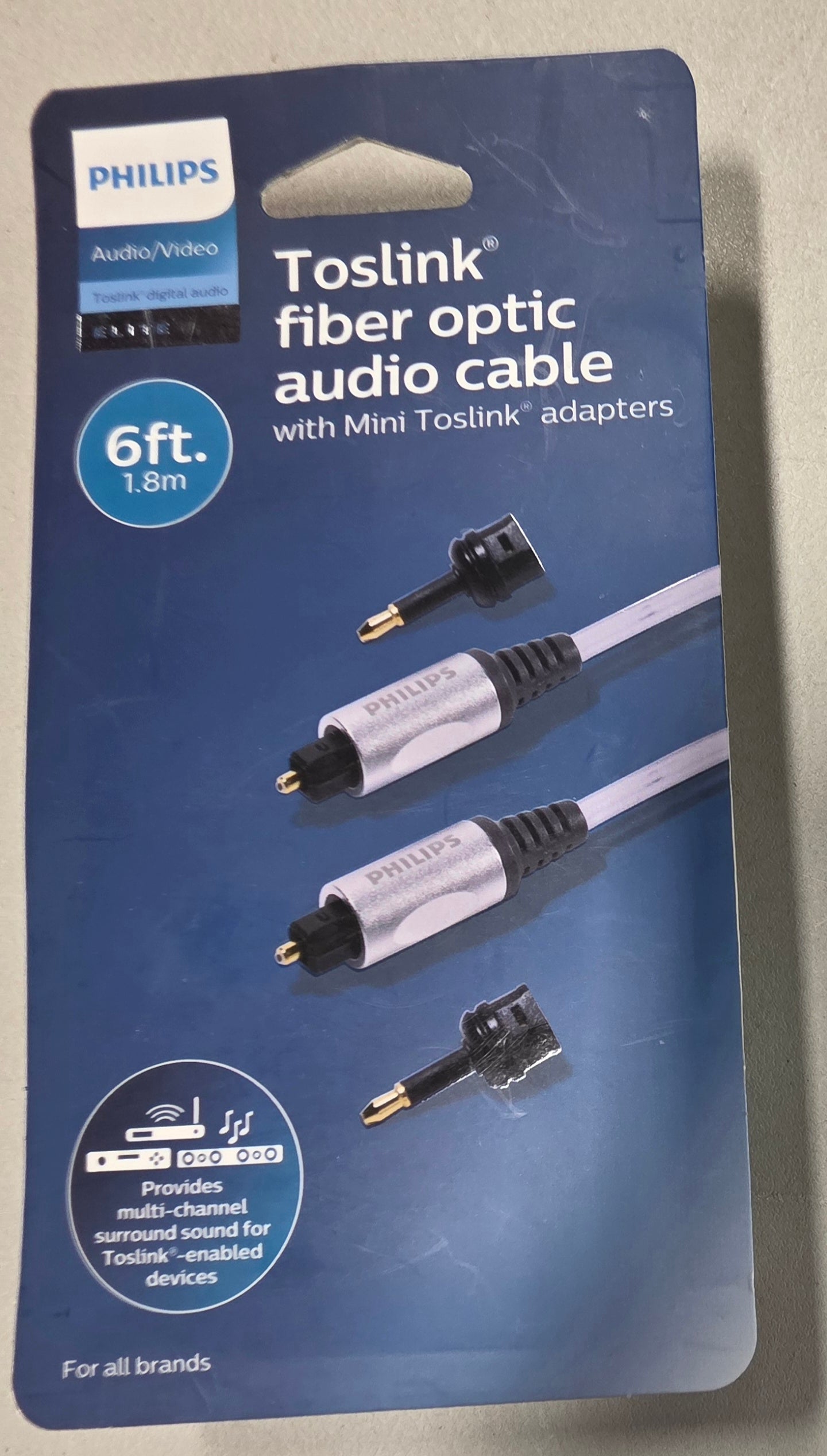 Philips 6' Elite Toslink Digital Fiber Optic Cable with 2 Mini Adapters - Gray: Male-to-Male AV Connection
