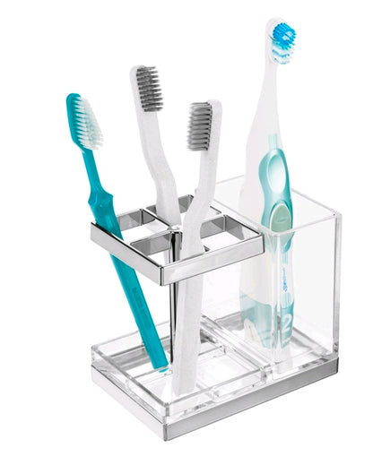 mDesign Plastic Toothbrush, Toothpaste Storage Organizer Holder -Clear/Chrome