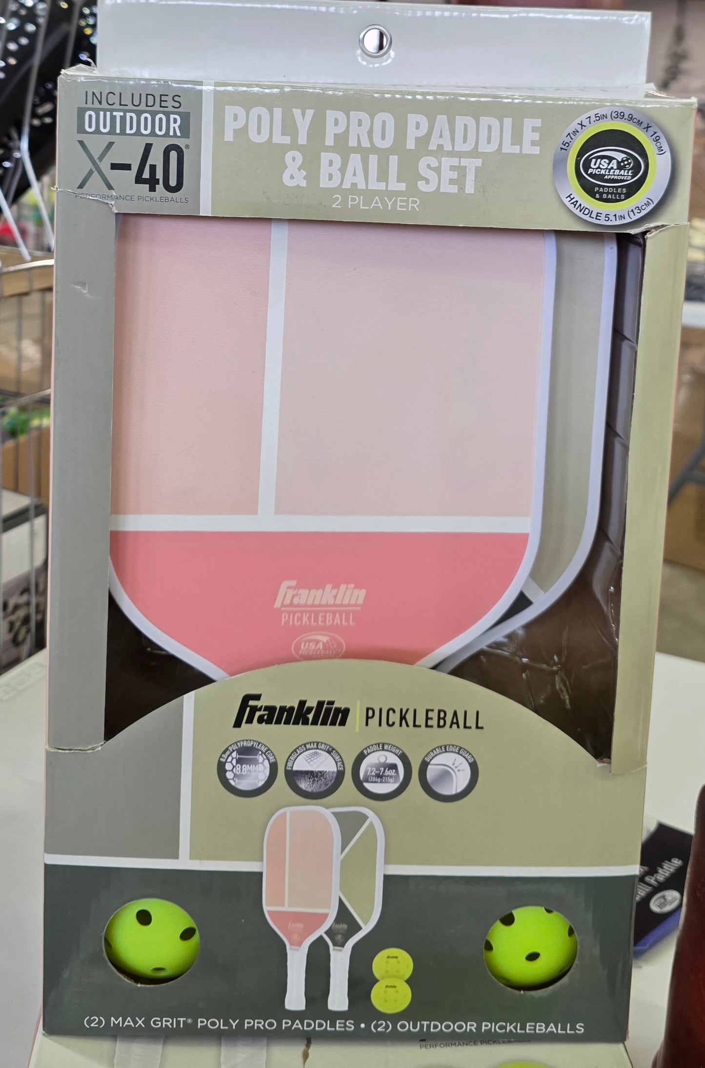 Franklin Sports 2 Player Poly Pro Pickleball Set with Balls - Pink/Green: Medium Flex, 4-1/4" Grip