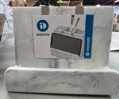 iDesign Dakota Resin Marble Vanity Center for Toothbrush, Cell Phone, Bathroom Countertops, Desks, Vanities, Dorm, Office - White Marble and Satin Metal Accents