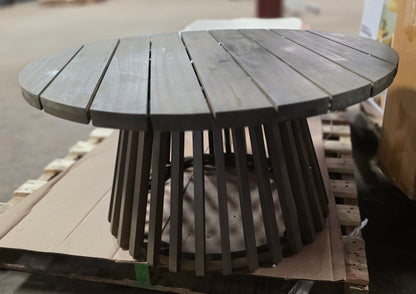 Rustic Outdoor Acacia Wood Round Coffee Table with Slatted Design PICKUP ONLY