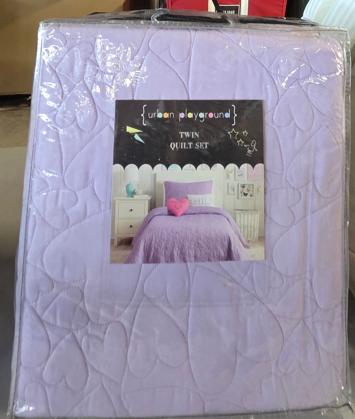 4Pc Twin Heart Kids' Quilt Set Lavender - Urban Playground: Girls Bedding Set with Decorative Pillows, Embroidered Details