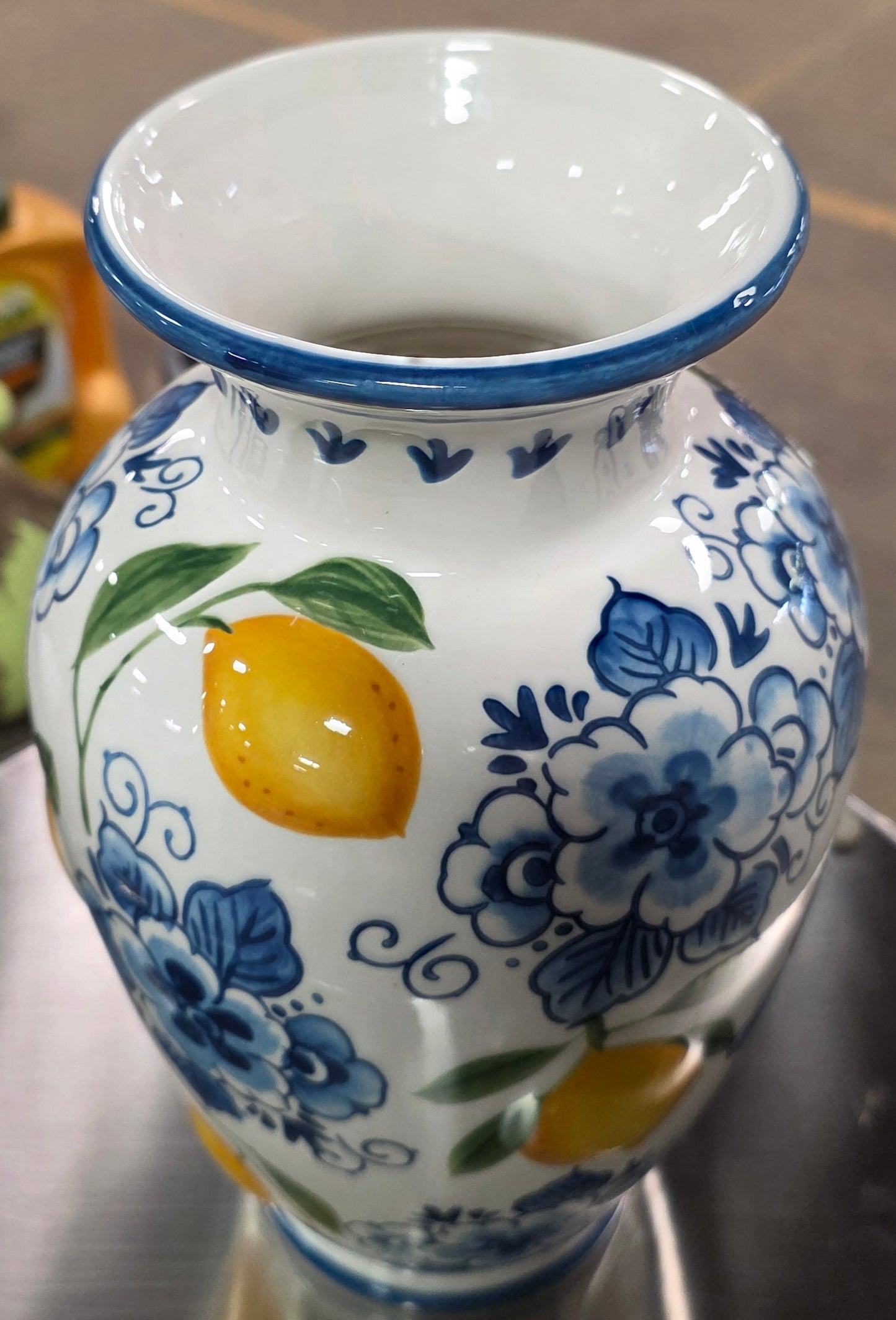 Muchoise Ceramic Vase Blue & White Flowers with Lemon accents.  PICKUP ONLY