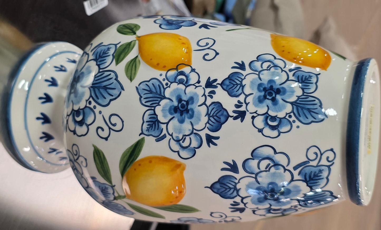 Muchoise Ceramic Vase Blue & White Flowers with Lemon accents.  PICKUP ONLY